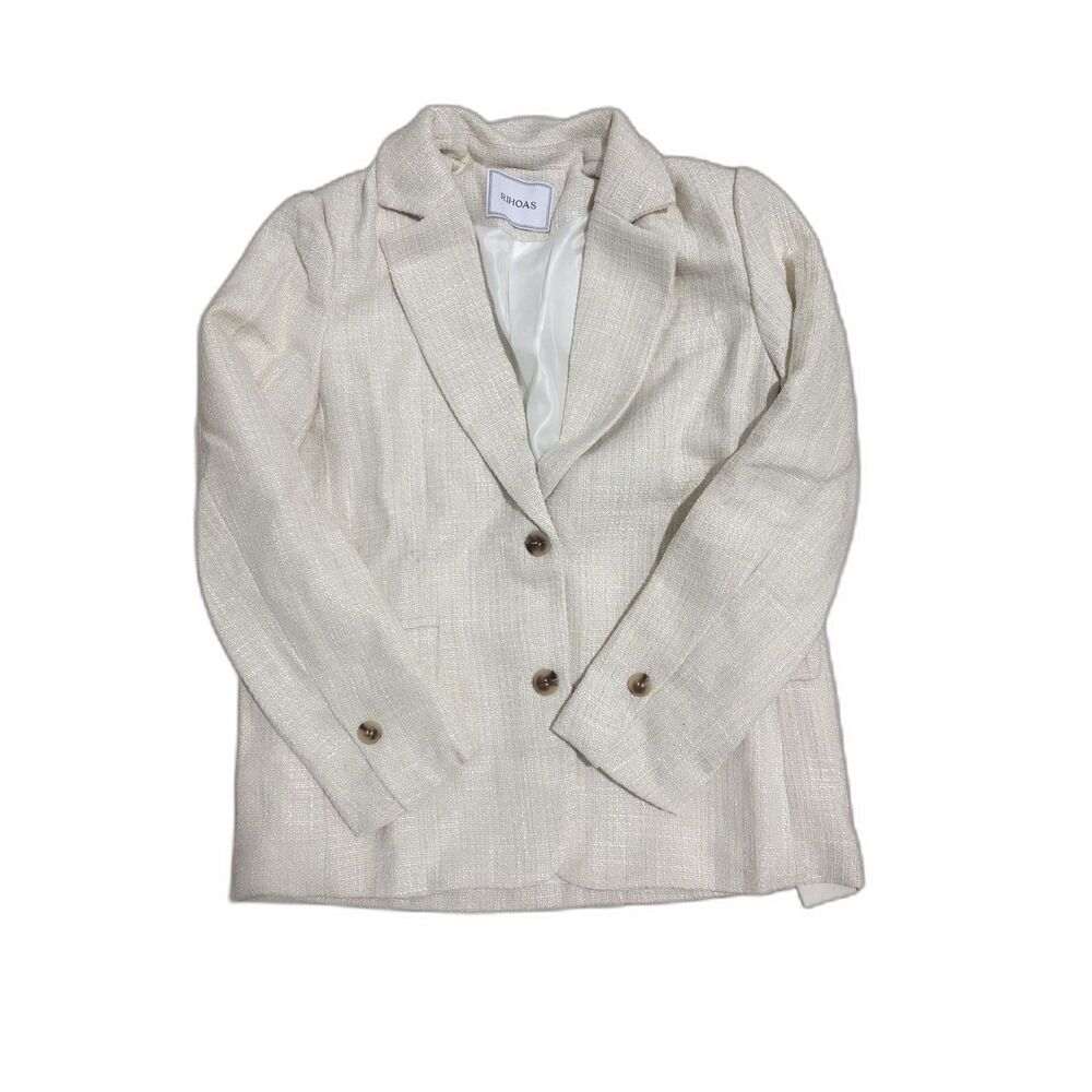 Rihoas Cream Tweed Oversized Blazer Tortoise Buttons size XS
